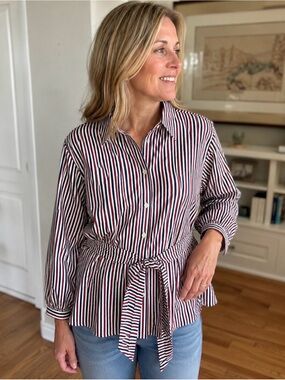 Halogen Striped Cotton Shirt Dress Top Tie Waist Button Front Size [L]